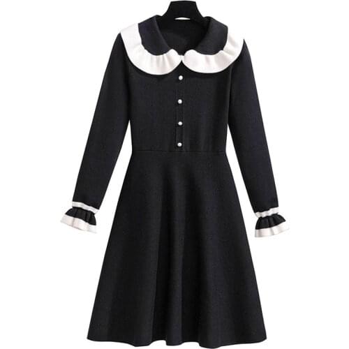 Oversize 3XL-7XL Long Sleeve Knitted Dress Women Spring Autumn Fashion Black Sweater A-Line Dress Plus Size Bust 105-155cm KW366