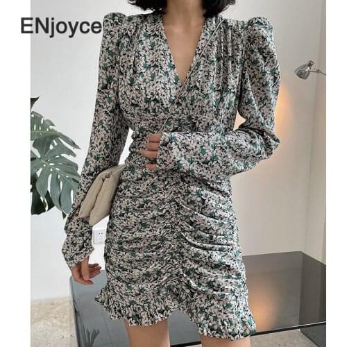 Vintage Floral Printed Mini Dress Women French Style Slimming Waist Long Sleeve Party Prom Ladies V-neck Elegant Chiffon Dresses