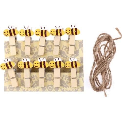 1 Pack/10PCS Message Stickers Decor with Hemp Rope Cartoon Bee Wooden Paper Clip Bookmark For Album With Rope