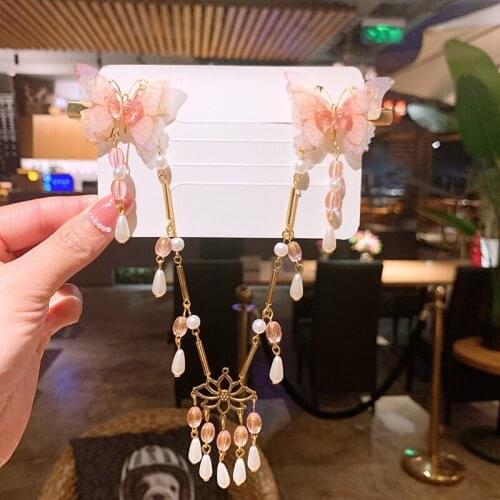 2 pcs Butterfly Pearl Hair Clips Long Tassel Hair Clips Hanfu Gril Hair Acceaaory Handmade Hair Clip