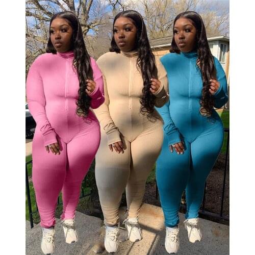 2021 Plus SIze L-4XL Plus Size Women Solid Jumpsuit Turtleneck Long Sleeve Zipper Skinny Romper Gym Active Fitness Overalls