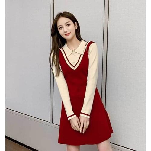 2021 Womens Knit Solid Fake Two-Piece Tops Female Slim Fit Long Sleeved Pullovers Sweater Top Lady Casual Streetwear Dress H928
