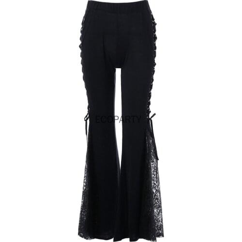 Gothic Flare Pants Lace Up Patchwork Slim Trousers Fashion Bandage Side See Through Europe Style Casual Bellbottoms Women