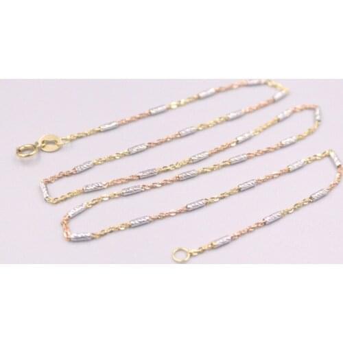 Pure 18K Multi-Tone Gold Chain 1.4mm Long Tube Column Beads O Link Necklace 16inch / 3.2-3.4g Stamped AU750 For Woman Gift