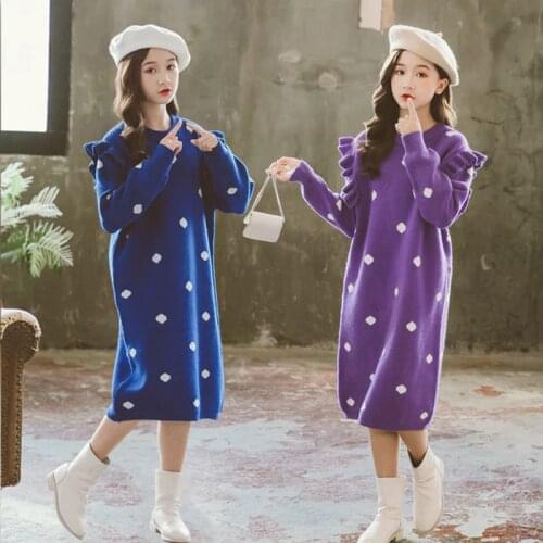 Kids Girls 2021 Autumn Winter Polka Dot Long Thicken Pullovers Dress Childrens Clothing O-neck Long Sleeve Knitting Dresses Q03