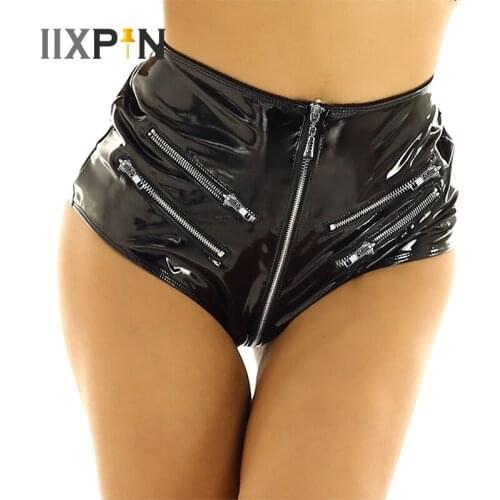 Women Sexy Shorts Wet Look Patent Leather High-Waisted Front Zip Up Booty Shorts Hot Sexy Clubwear Rave Party Dance Shorts