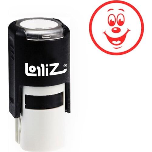 LolliZ Animated Happy Face Round Self-Inking Stamp, Teacher Stamp W/Lid, Laser Engraved Rubber, RED
