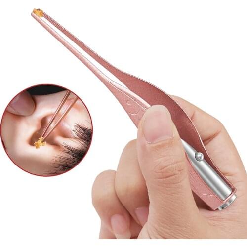 Hot Sell LED Flashlight Earpick Clean Tweezers Tool Ear Nose Navel Stainless Steel Tweezers Earwax Removal Care Earwax Tweezers