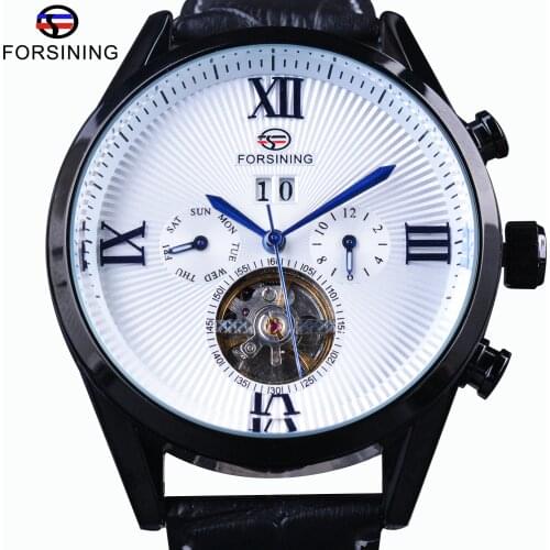 Forsining Classic Blue Hand Tourbillion Roman Number Calendar Genuine Leather Automatic Men Mechanical Watches Top Brand Luxury