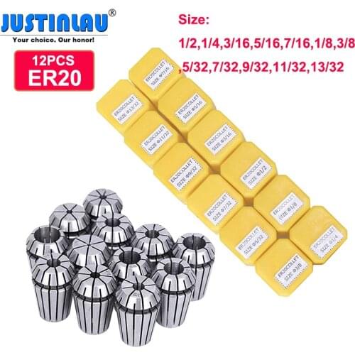 JUSTINLAU 12pcs/set ER20 Spring Collet Set 1/8-13/32 Inch Chuck Collet for CNC Milling Lathe Tool