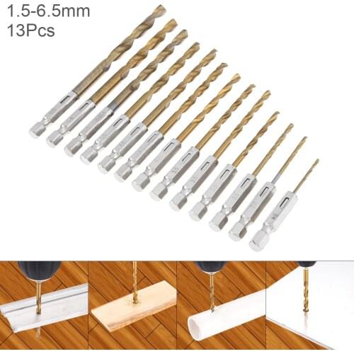 13pcs 1.5mm-6.5mm HSS Drill Bit Set Titanium Coated 1/4 Inch Hex Shank High Speed Steel Drill Bits for Metal Wood Plastic
