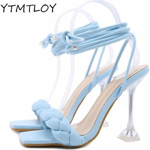 2021 New Summer Fashion Design Woven Ladies Sandals Transparent Strange High Heels Ladies Sandals Open Toe Shoes