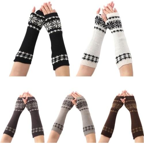 Women Men Unisex Snowflake Pattern Jacquard Fingerless Gloves Winter Crochet Knit Arm Warmers Mittens with Thumbhole Gift 28GD