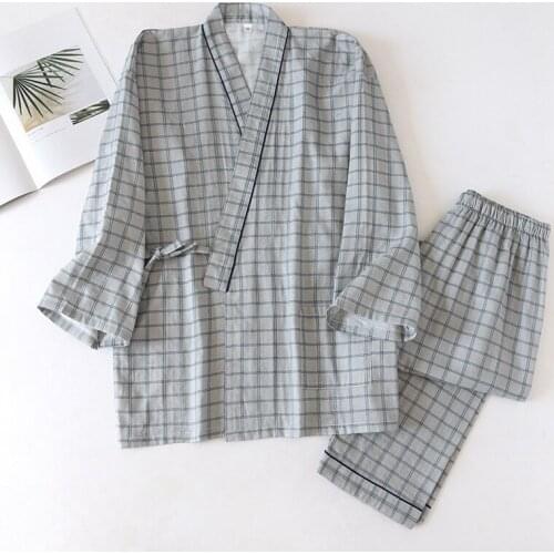 2021 Spring and Autumn New Men Nightwear Gauze Kimono Long-sleeved Trousers Home Pajamas Set Pijama Familia Mens Lounge Wear