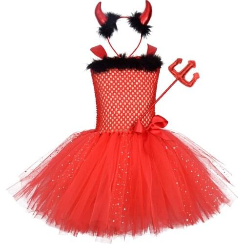 New Girls Red Devil Tutu Dress Glitter Fluffy Birthday Party Clothes with Horn Headband Kids Halloween Devil Costume Outfit