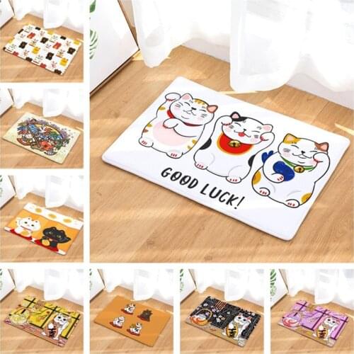 Nordic Style Lucky Cat Doormat Non-Slip Print Soft Flannel Carpet Decor Cute Colorful Cartoon Cats Floor Door Mat for Hallway