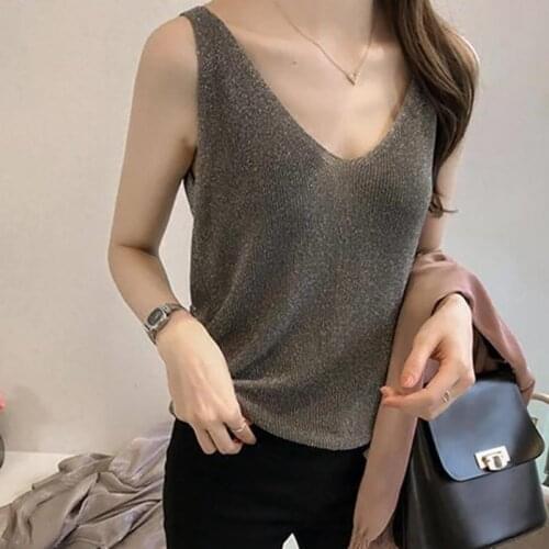 Simple Solid Color Womens Vest Summer Fashion V Neck Glitter Sleeveless Loose Sequined Ice Silk Knitted Tank Tops