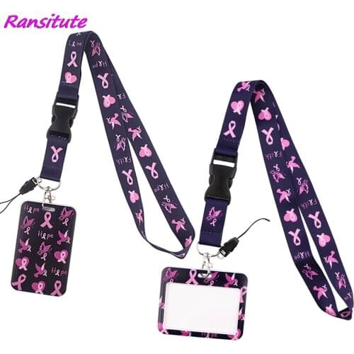 Ransitute R1507 Breast Cancer Prevention Lanyard Card ID Holder Car KeyChain ID Card Pass Gym Mobile Phone Badge Key Ring Holder