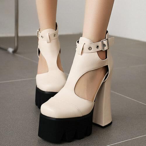 New Women Sandals PU Leather Comfy Platform Square High Heels Fashion Zip Belt Buckle Summer Lady Shoes Red Black Silver Color