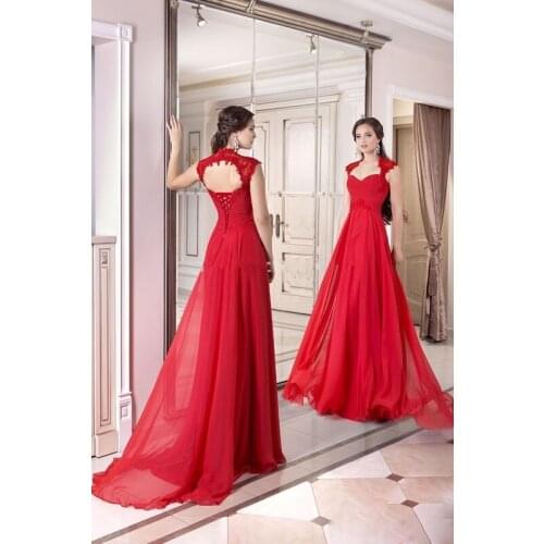 Elegant Appliques Lace Chiffon Long Evening Dress 2015 New Arrival Formal Dresses Sexy Red Sweetheart Summer Women Evening Gowns