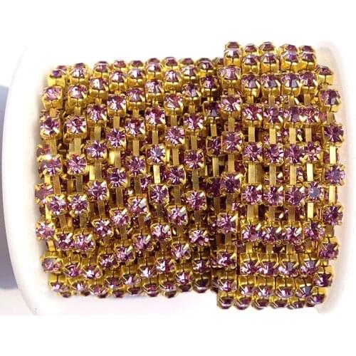 Light Amethyst Crystal Rhinestones Chain 10 yards/roll SS6 to SS38 Gold Base DIY Beauty Accessories Rhinestone Chain