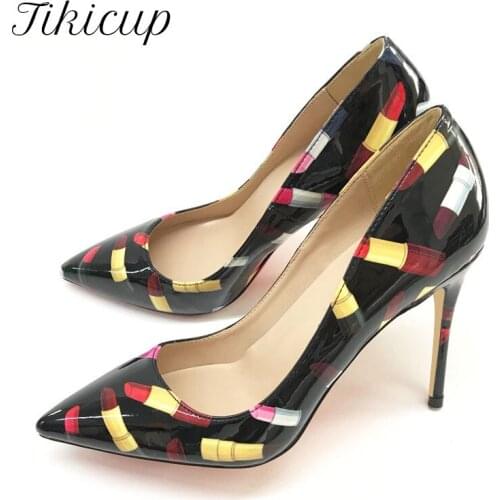 Tikicup Lipstick Print Women Patent Pointed Toe High Heels Chic Stiletto Pumps Elegant Ladies Slip On Dress Shoes Size 33-45