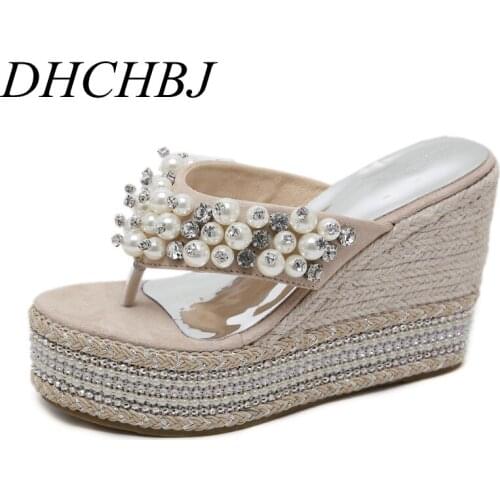 2020 Sandals Slippers Women Wear Beach Wild Pearl Wedge With Thick Bottom Flip Flops High Heels