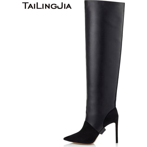 Women Pointy Toe Black Faux Suede PU Leather Two Piece Knee High Booties Stylish Patent Gold High Heel Detachable Shaft Boots