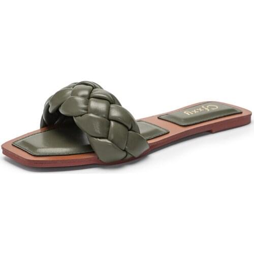 Women Weave Slippers Flat Sandals Open Toes Square Soft Green Foot Pad Leisure Large Size 37-42 Flip Flops Office Women Slippers