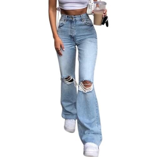 Women Vintage Ripped Flare Bell Bottom Jeans High Waisted Wide Leg Raw Hem Denim Pants Casual Slim Fitting Trousers Streetwear w