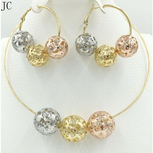 Women Jewelry Sets Dubai 2018 Unique Design Mix ROSE color 3 C0L0R Tone Round earrings for women Pendant gold necklace