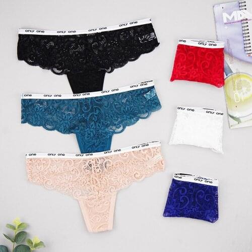 Women Sexy Lace Lingerie Temptation Perspect Low-waist Panties Add letter belt Thong Transparent Hollow out Intimates Underwear
