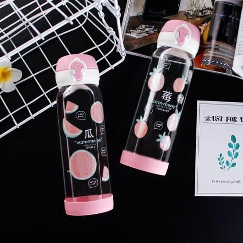 480ml Food Grade Bouncing Cover Glass Bottle Portable Simple Cute Leak Proof Refillable Bottle Silicone Cup Bottom Non-slip Pink