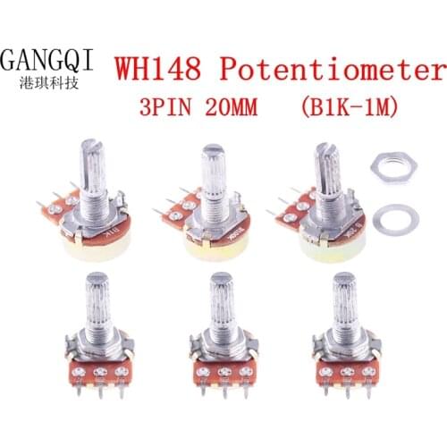 5pcs WH148 3PIN 20MM Single couplet potentiometer With Nuts B1K B2K B5K B10K B20K B50K B100K B250K B500K B1M 1K 2K 5K 10K 100K