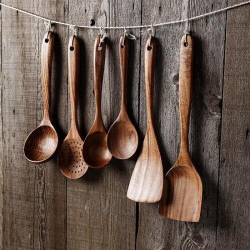7Pcs/Set Wooden Utensils Large Kitchen Cooking Tools Non Stick Cookware Natural Teak Wood Spoons Spatula Ladle Colander Shovel