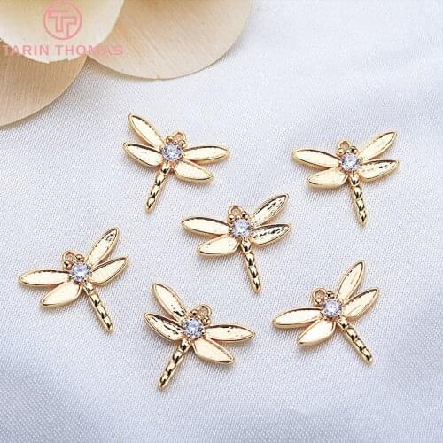 4PCS 15x12.5MM 24K Gold Color Brass with Zircon Dragonfly Charms Pendants Brass With High Quality Jewelry Findings Accessories