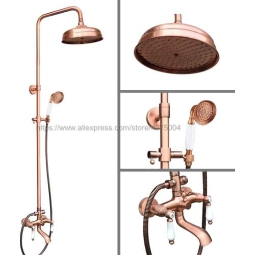 Antique Red Copper Wall Mounted 8" Rain Shower Faucet Mixer Set Swivel Tub Spout /Hand Shower / Bidet Sprayer Nrg574