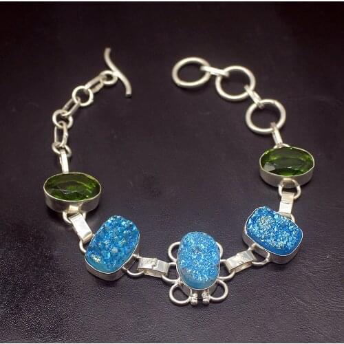 Exotic New Blue Titanium Green Peridot Silver Color Charms Links Bracelets For Women 7.75 Inch HD766