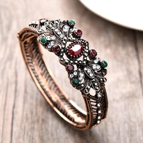 Ethnic Turkish Women Broadside Statement Large Bangles Cuff Bracelets Adjustable Size Vintage Color Hollow Flower Bride Bangle