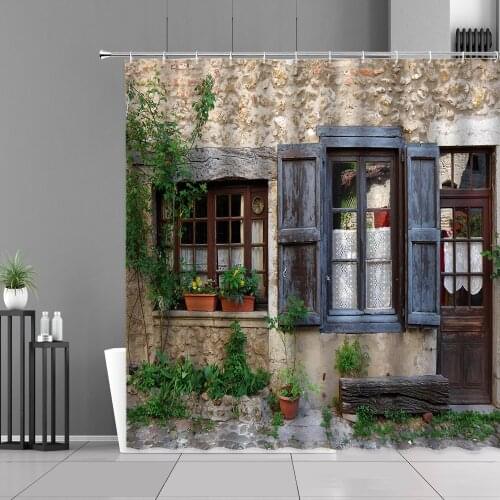 European Courtyard Garden Flower Landscape Shower Curtains Retro Architecture Street Scenery Waterproof Bathroom Curtain Screen