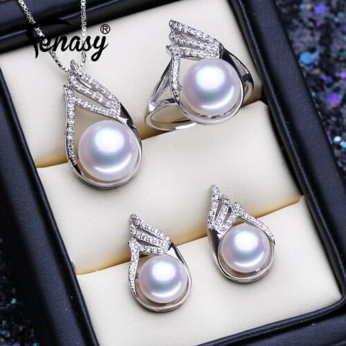 FENASY 925 Sterling Silver Jewelry Sets Natural Pearl Necklaces For Women Trendy Big Pearl Pendant Stud Earrings Wedding Ring
