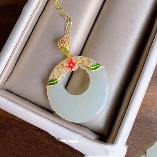 Hetian Jade Safety Buckle Pendant S925 Silver Embeded Jade Jewelry Natural Jade White Jade Eccentric Peace Buckle Necklace Penda