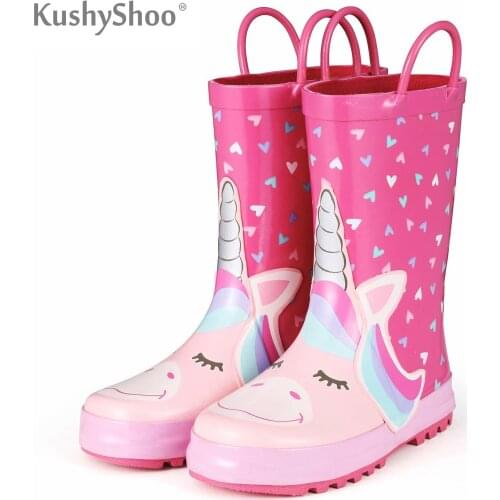 KomForme Kids Rain Boots Girl Pink Heart Unicorn Rubber Boots Waterproof Overshoes Water Shoes Rubber Shoes Kids Boots Girls