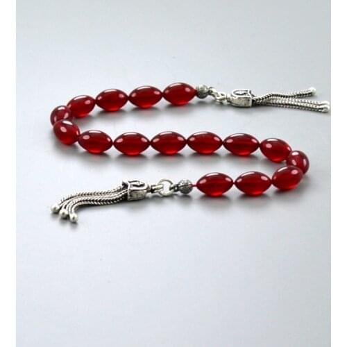 Red Bakelite Stress Chain Polshak Mascot Rosary Barley Cut 6x10 mm. 925 Setting Silver Decorated Rosary