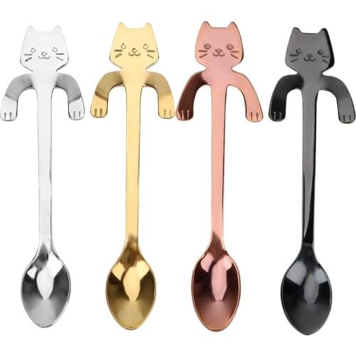Stainless Steel Spoons Lovely Cartoon Cat Hanging Coffee Cup Hanging Spoon Ice Cream Dessert Teaspoon Creative Kitchen Accessory