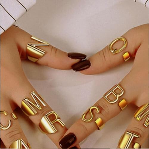 HaHaGirl Chunky Wide Hollow Letter Gold Color Adjustable Opening Ring Initials Name Metal Rings Female Party Fashion Jewelry