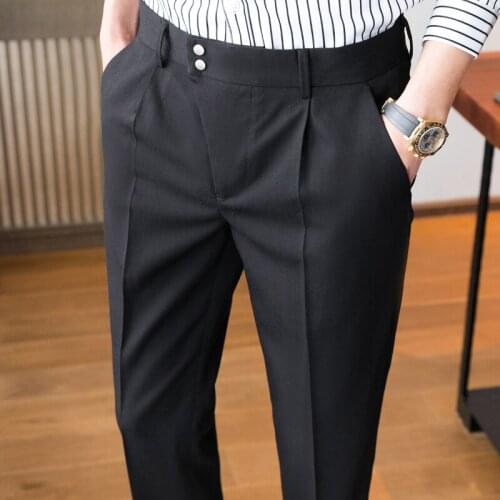 Men Pleated Suit Pant Business Casual Formal Trousers Social Wedding Male Clothing Solid Color Slim Fit Pantalon Homme Classique