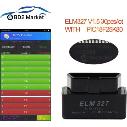 OBD2 ELM 327 V1.5 BT-Wireless scanner with pic25K80 chip obd2 diagnostic tool elm327 car diagnostics adapter 30pcs/lot