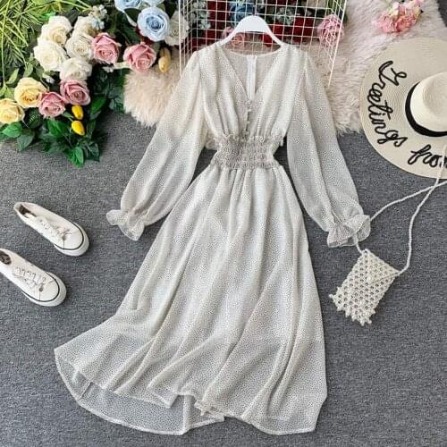 Trendy Dresses For Women Nice Spring Autumn Button V Neck High Waist Chiffon Midi Dress Elegant Long Sleeve Polka Dot Dress