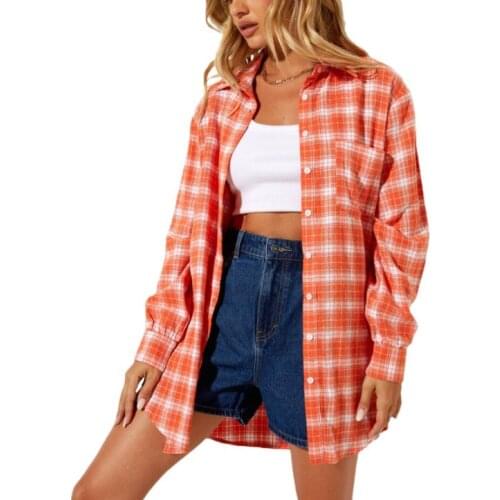 Ladies Temperament Long Sleeve Shirt, Summer Girls Solid Color/Plaid/Stripe Lapel Loose Blouse Single-breasted Tops